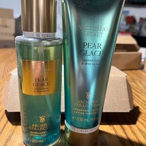 Victoria's Secret Pear Glacé Fragrance Mist and Lotion - Teal and Gold